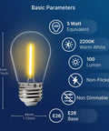 Close-up of an LED bulb with labeled basic parameters, 48 Pack LED S14 Replacement Bulbs For Outdoor String Lights, Waterproof E26 Base