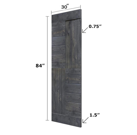Solid Wood Interior Sliding Barn Door Slab 30 Inch by 84 Inch, Carbon Gray, S Series, side view showing dimensions.