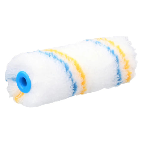Heavy Duty Microfiber Paint Roller Covers 4 Inch Top Shelf Bulk Pack with blue and yellow stripes for smooth wall finishes.