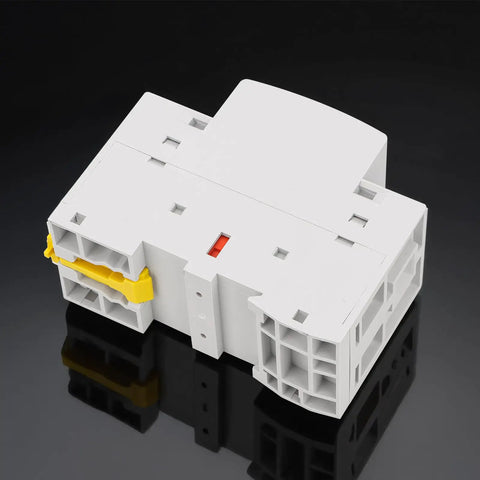 Heavy Duty 63A Modular Contactor With 2NO Poles Operating On 24V AC DC Coil Voltage top view on black background.