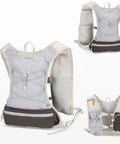Go To Lightweight Hydration Running Backpack With Breathable Vest in grey, shown front and back, adjustable straps visible