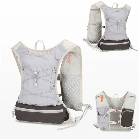 Go To Lightweight Hydration Running Backpack With Breathable Vest in grey, shown front and back, adjustable straps visible