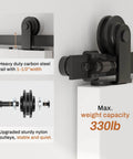 Heavy Duty Ten Foot Barn Door Hardware Kit With Sliding Track For Single Door Including Door Handle And Floor Guide Solid Steel Construction With Black Powder Coat Finish For Anti Corrosion Longevity Includes Rails Spacers Rollers Stops featuring close-up of rollers and rail system