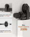 Close-up of 6 Ft Sliding Barn Door Hardware Kit With Heavy Duty Track System Spliced Rails Floor Guide 2 Rollers 2 Door Stops And 1 Door Handle Solid Steel With Black Powder Coat For Corrosion Resistant Longevity, highlighting nylon rollers and weight capacity.