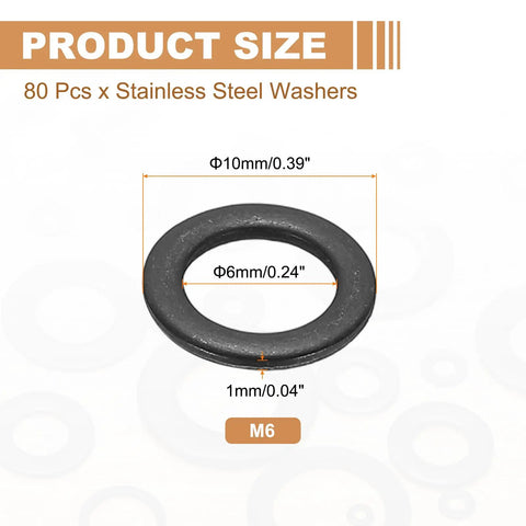80Pcs M6 Stainless Steel Washers Kit With 6x10x1mm Flat And Crush Sealing Washers, 304 Stainless Steel Gasket Rings For Screws Bolts Automotive Projects, Black Zinc Plated Burr Free And Durable. M6 washer size diagram showing 10mm OD, 6mm ID, 1mm thick