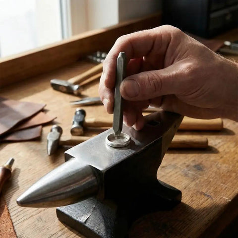 Hand using Pro Grade 20Pc 6Mm Steel Anvil Chisel Set for engraving on metal anvil, heavy duty jewelry stamping kit visible