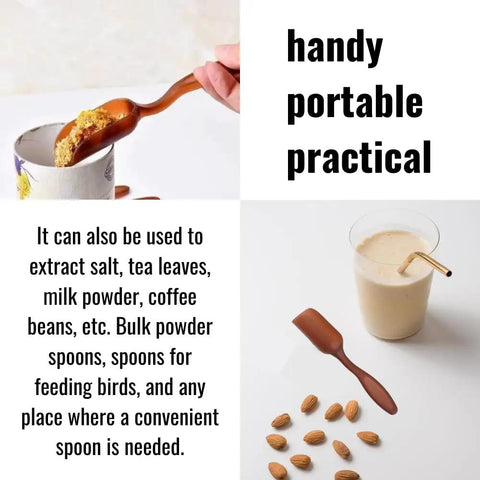 Collage of brown plastic scoop with milk powder and almonds, showcasing Ten Pack Mini Plastic Garden Shovels for Easy Soil Digging and Transplanting.