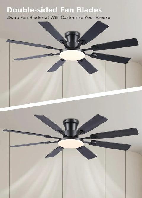 60 Inch Ceiling Fan With Lights And Remote Control, Low Profile Flush Mount, Black Finish, Double-Sided Blades