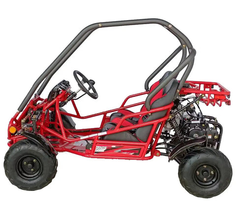 Side view of 125Cc Go Kart Spyder GKT125-9 Off Road Beast with red frame, air cooled engine, three speed, bigger seats, LED headlights