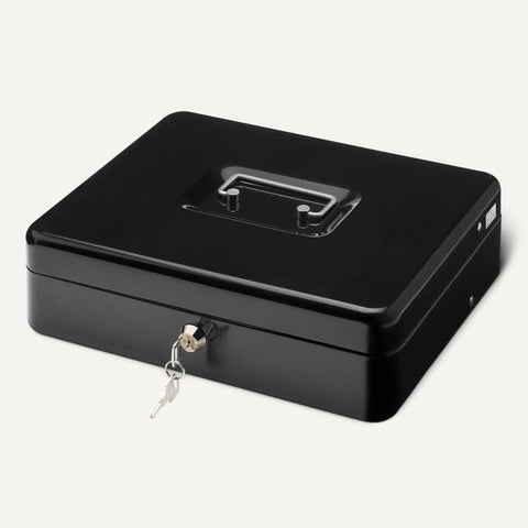Black secure cash box with lock for easy money handling, shown closed, 11.81 by 9.45 by 3.54 inches, handle visible on top.