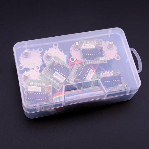 ELEGOO 5x 28BYJ-48 5V stepper motors with ULN2003 driver boards in a clear plastic case
