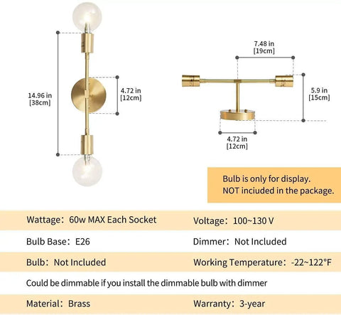 Two Light Brass Vanity Lights Over Mirror Dope Modern Semi Flush Mount Ceiling Fixture For Bathroom Hallway Bedroom Living Dining Two Pack Durable Brass Construction With Anti Oxidation And Color Retention diagram with dimensions and specifications.