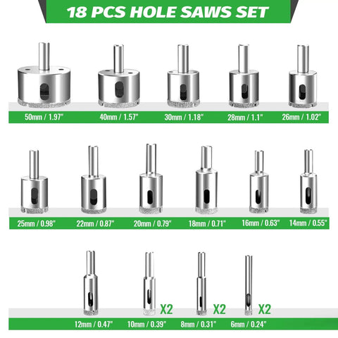 Hilitand Versatile 16 Piece Hole Saw Kit For Drilling Wet Or Dry Holes In Ceramic Tile Glass Marble Granite With Double Suction Cup Guide For Precise Work, 18-piece set with 50mm to 6mm diamond hole saws