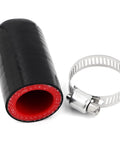 Four Ply Reinforced Silicone Coolant Cap Vacuum Hose Plug With Clamp for Intercooler Intake Turbo Bypass Valve Heater Core Leak Repair Gearhead Grade Heavy Duty High Temperature Resistance, showing black and red hose with stainless clamp.