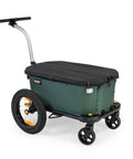 Side view of Two 16 By 3 Inch Bike Trailer Wheel Kit With Aluminum Rim And Hub attached to Burley trailer with green body.