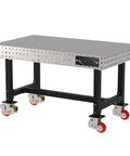 Straight Up Rock Solid Heavy Duty Steel Welding Fixture Table With Smooth Cruising Casters And Laser Cut Precision Mounting Holes For Custom Metalwork Shop Setup At 60X36X36 Inches Built Right Here Made In America, side view showing heavy duty frame and casters.