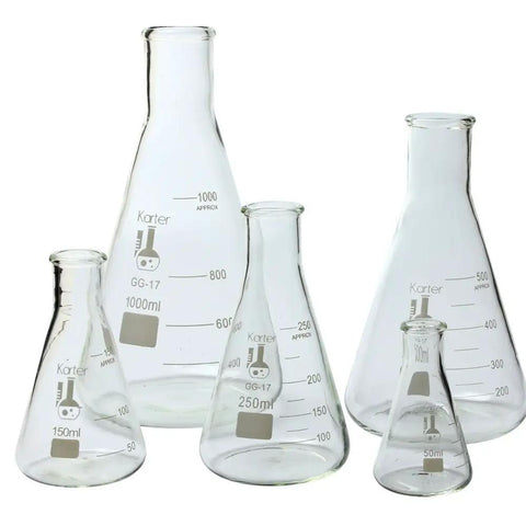 Five Piece Narrow Mouth Erlenmeyer Flask Set in Borosilicate 3.3 Glass with 50ml, 150ml, 250ml, 500ml and 1000ml Capacities for Precise Mixing