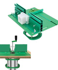 Built Thick As A Brick Router Lift With Bulletproof Table Insert for woodworking, showing a green lifting frame with dial.