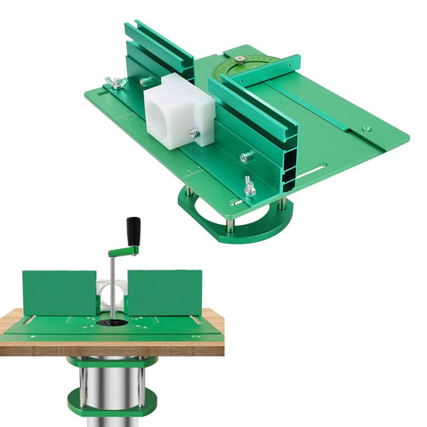 Built Thick As A Brick Router Lift With Bulletproof Table Insert for woodworking, showing a green lifting frame with dial.