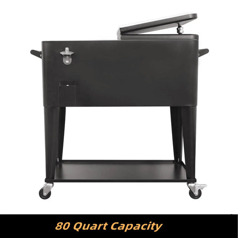 80 Quart Rolling Cooler Cart With Wheels For Outdoor Parties And Backyard Barbecues, Party Ready Ice Chest With Shelf, Bottle Opener, Beverage Station On Wheels For Patio Deck, Holds 70 Plus Cans Or 51 Plus Bottles, Black
