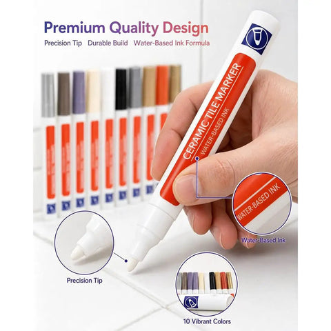 Hand holding waterproof joint marker with precision tip and various color options in background.