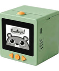 Portable AI Voice Sticker Printer With Bright HD Display, Ink Free Thermal Art Maker For Kids in green with cute animal graphic.