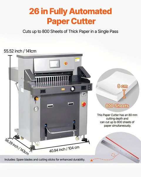Electric Hydraulic Paper Cutter Built For Busy Print Shops And Mailrooms, Beefy Heavy Duty High Volume Cutter With A 26 Inch Cutting Width And 80 Mm Depth, 7 Inch Touchscreen Control Delivers Precise Fast Trimming Of Up To 800 Sheets In One Pass. Front view of 26 in electric hydraulic paper cutter with 80 mm cutting depth and touchscreen