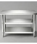 Rock Solid Workbench With Adjustable Shelves And Three Tier Open Storage Packing Station Commercial Metal Prep Table Kitchen Chopping Table For Restaurants And Home Cooks Built Different And Easy As Pie To Assemble, stainless steel design with double shelves.
