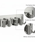 Space Saving Mop And Broom Holder Organizer In Gray For Cleaning Tools Wall Mount Vertical Stainless Steel Utility Rack close-up