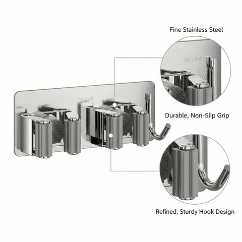 Space Saving Mop And Broom Holder Organizer In Gray For Cleaning Tools Wall Mount Vertical Stainless Steel Utility Rack close-up
