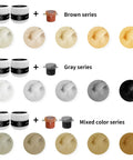 Brown, gray, and mixed color series of color match tub and fiberglass shower repair kit for porcelain sinks and acrylic bathtubs.