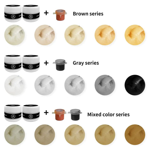Brown, gray, and mixed color series of color match tub and fiberglass shower repair kit for porcelain sinks and acrylic bathtubs.