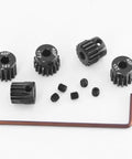 OGRC Hardened Steel 48P Pinion Gears 13T 14T 15T 16T 17T With 3.175mm Shaft For Traxxas Arrma HSP HPI AXIAL Losi Tamiya 1x10 RC Cars Beefy Gear Set For Easy Ratio Tuning, top view showing gears and included tools.