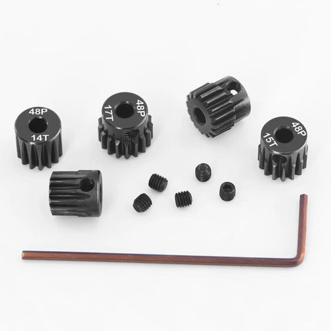 OGRC Hardened Steel 48P Pinion Gears 13T 14T 15T 16T 17T With 3.175mm Shaft For Traxxas Arrma HSP HPI AXIAL Losi Tamiya 1x10 RC Cars Beefy Gear Set For Easy Ratio Tuning, top view showing gears and included tools.