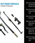 All In One Heavy Duty Steering Kit With Tie Rod End, Drag Link, And Adjusting Sleeves Six Piece Set For Front Inner Tie Rod, Front Outer Tie Rod, Upper And Lower Drag Links, Pitman Arm Sleeve Replacement six steel steering parts laid out