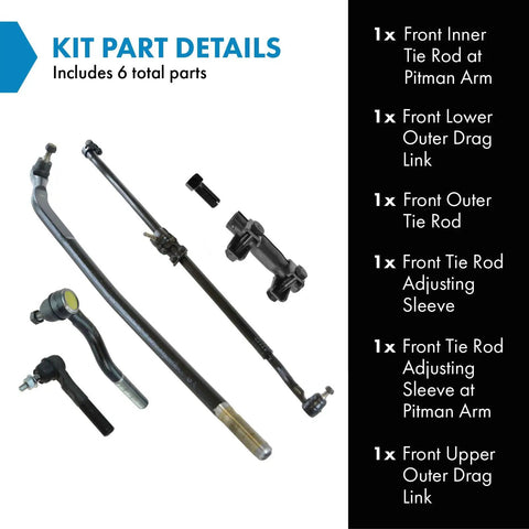 All In One Heavy Duty Steering Kit With Tie Rod End, Drag Link, And Adjusting Sleeves Six Piece Set For Front Inner Tie Rod, Front Outer Tie Rod, Upper And Lower Drag Links, Pitman Arm Sleeve Replacement six steel steering parts laid out