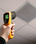 Boss Level HVAC Pro Infrared Thermometer With Dual Infrared And Thermocouple Modes, Reads Minus Forty To One Thousand Twenty Two Degrees Fahrenheit (Forty To Five Hundred Fifty Celsius), Perfect For HVAC And Refrigeration, Electrical, And Industrial Work handheld infrared thermometer aiming at ceiling tile