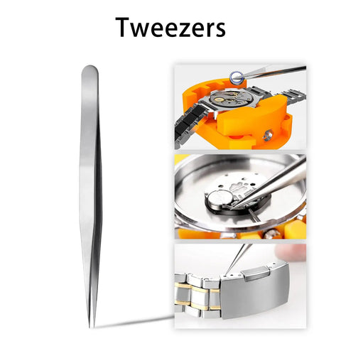 DIY Watch Battery Replacement Tool Kit With Back Opener Case Holder Spring Bar Tweezers And Pro Grade Repair Tools image showing tweezers.