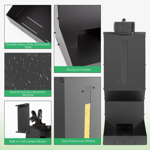 Heavy Duty Metal Deer Feeder With Gravity Dispenser For Protein And Corn Feed Built Like A Tank Rock Solid Galvanized Steel showing durable steel design and clear feed level window.