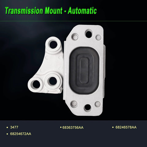 Transmission mount for automatic vehicles, showing front view, metal and rubber material, part numbers 68254672AA, 68363756AA.