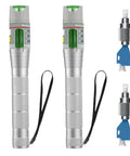 Front view of two silver fiber optic Visual Fault Locator pens with green indicators, black straps, and blue adapter tips.
