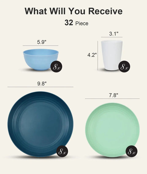 32 Piece Unbreakable Dinnerware Set For 8 With Shatterproof Plastic Plates Bowls And Cups, Dishwasher And Microwave Safe, Ideal For Camping RV Outdoor Kitchen And Apartment Dining In Blue showing bowl, cup, dinner and salad plates