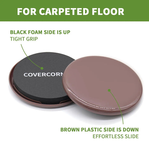 Top view of an Eight Piece Two In One Furniture Sliders Set for Carpet and Hardwood Floors, brown and black sides visible.