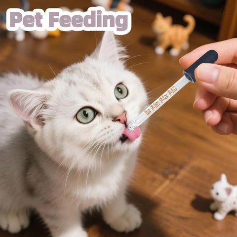 Cat being fed with Six Pack Glass Pipette Droppers With Brush Set Bent And Straight Tips 1 Ml Eye Droppers For Essential Oils Lab Crafts Measuring And Transferring Liquids