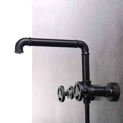 Modern Industrial Pipe Wall Mounted Bathtub Filler Faucet With Hand Shower Three Handle Tub Faucet Swivel Spout Kit Heavy Duty High Pressure Rough In Valve Solid Brass Matte Black Finish side view.