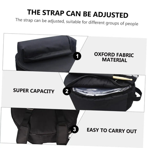 Close-up of Waterproof Oxford Cloth Drum Backpack With Dead Easy Padded Straps and Adjustable Instrument Gig Bag showing adjustable strap and interior.