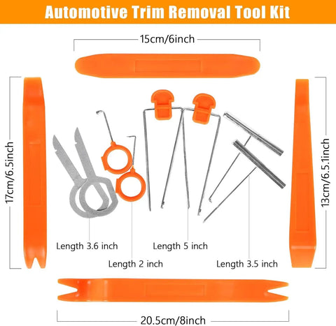 Pro Grade 96 Piece Terminal Removal Tool Kit For Auto And House Wiring With Pin Extractor, Wire Terminal Release Tools, Depinning Set, Includes 76 Removal Bits, Circuit Tester, Diamond Grip Cleaner Set, Trim Tools, And Carry Bag orange trim tools set with 2, 3.5, 5, 6.5, and 8 inch tools