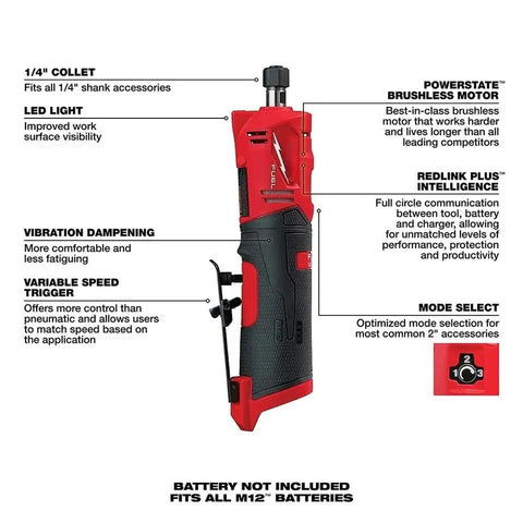 Pro Grade Brushless Straight Die Grinder With Variable Speed Gears And Quarter Inch Hex Shank Pumps Out Serious Grunt For Precision Grinding Sharpening And Surface Prep As A Bare Tool
