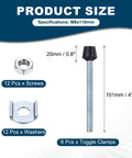 Six Piece Rubber Head Toggle Clamp Set M8x110mm Carbon Steel With Screws And Washers For Boxes Cabinets And Doors Includes 12 Screws And 12 Washers Durable Rust Resistant Hardware For Secure Jigs And Lids. product size diagram with M8x110mm screw, washer and clamp
