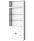 Top Shelf Industrial Farmhouse Bookshelf With Cabinet Doors And Open Shelves Floor Standing Storage Tower Display Rack For Home Office Or Living Room White Six Tier Bookcase displaying four open shelves and two cabinet doors.
